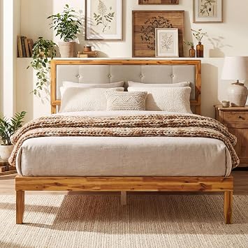 COSTWAY 4FT6 Double/5FT King Size Bed Frame, Solid Acacia Wood Platform Beds with Tufted Headboard and Underbed Storage, Mid-Century Wood Slats Support Bed Mattress Base, No Box Spring Needed Double