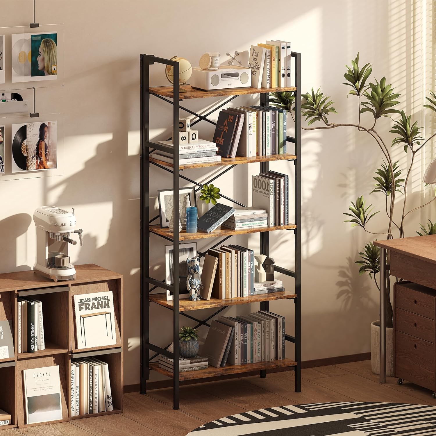 Homeiju Folding Bookshelf,5 Tier Bookcase Foldable Shelf with X-Bracket Design, Adjustable Feet, Space Saving Storage for Living Room, Office, Rustic Brown Rustic Brown 5 Tier
