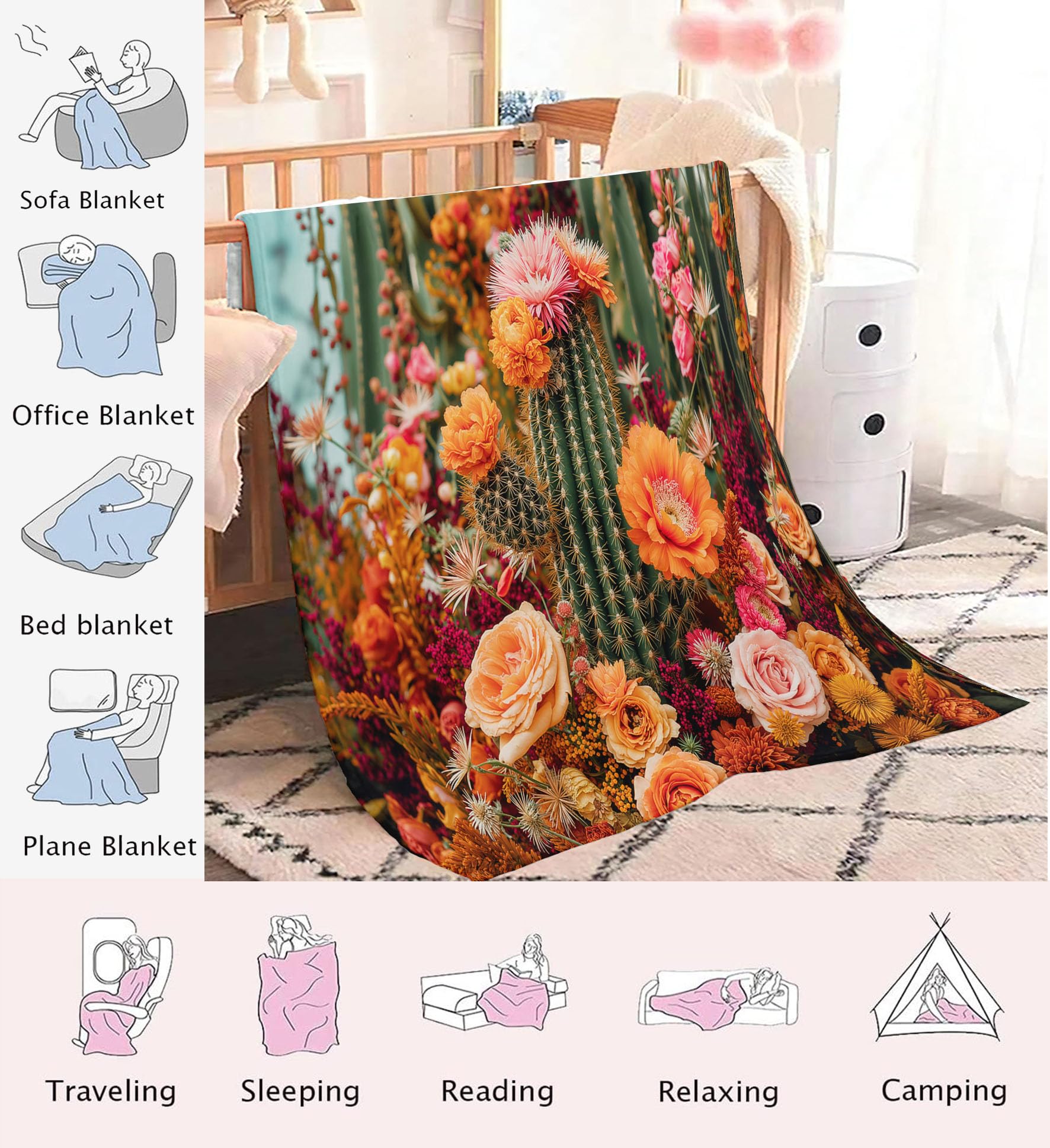 Manta Fotografía De Flores Franela de Suave, Manta Vistoso con Estampado Cactus Rosas Margaritas Suave y Acogedora, para Niños y Adultos Cama Sofá Sillón Viajes 220x240 cm