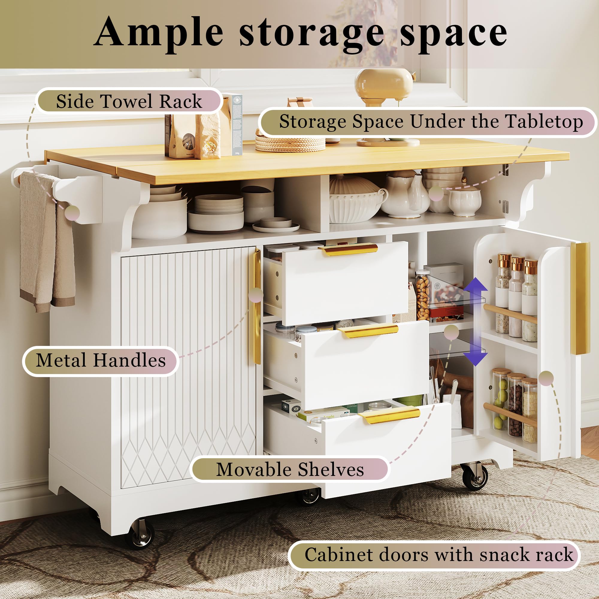 Isola da cucina multifunzionale con estensione tavolo da pranzo, ante con motivo verticale, ampio spazio di archiviazione con cassetti, piano pieghevole su entrambi i lati, su rotelle, bianco