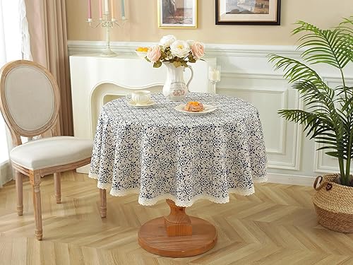 Miniatura 2 de Laolitou Mantel redondo floral con borde de encaje de 48 pulgadas, mantel lavable de tela de lino vintage, patrón de damasco azul para mesa de