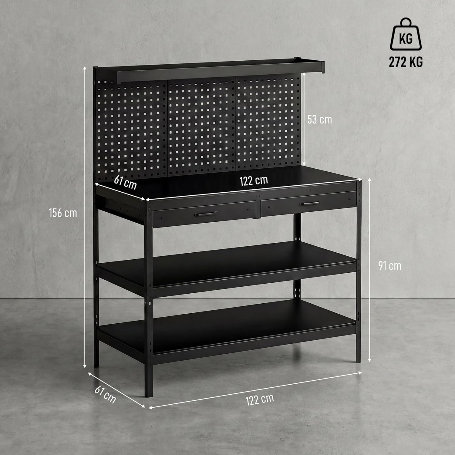 HOMCOM Workbench, Maximum Load 272 kg, 122 x 61 x 156 cm, Worktop with Perforated Board, 2 Drawers and 2 Adjustable Shelves, Steel Frame, for Garage, Workshop or Warehouse, Black