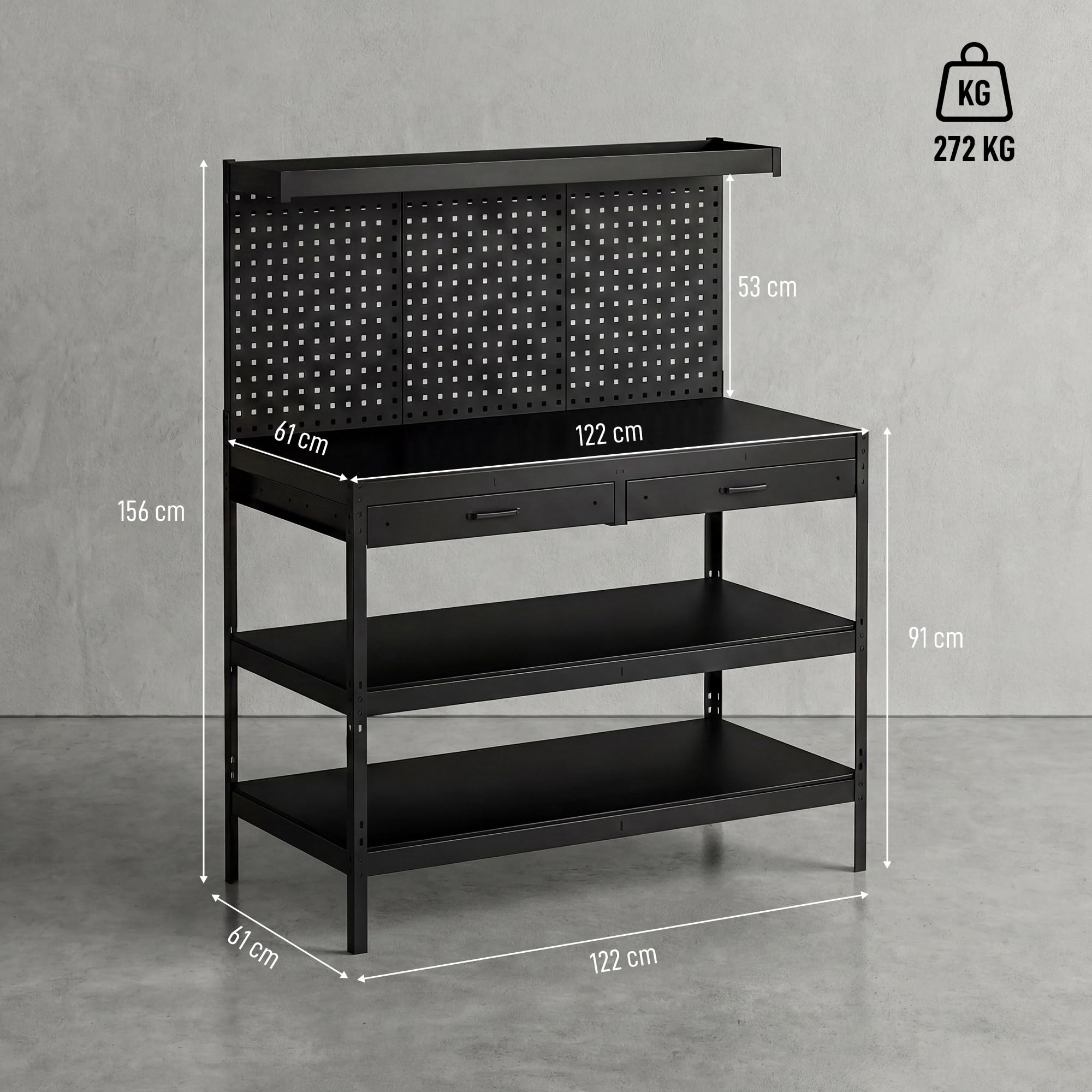 HOMCOM Banco de trabajo 1220 x 610 x 1560 mm con pared perforada, 2 cajones y 2 estantes ajustables, 272 kg capacidad