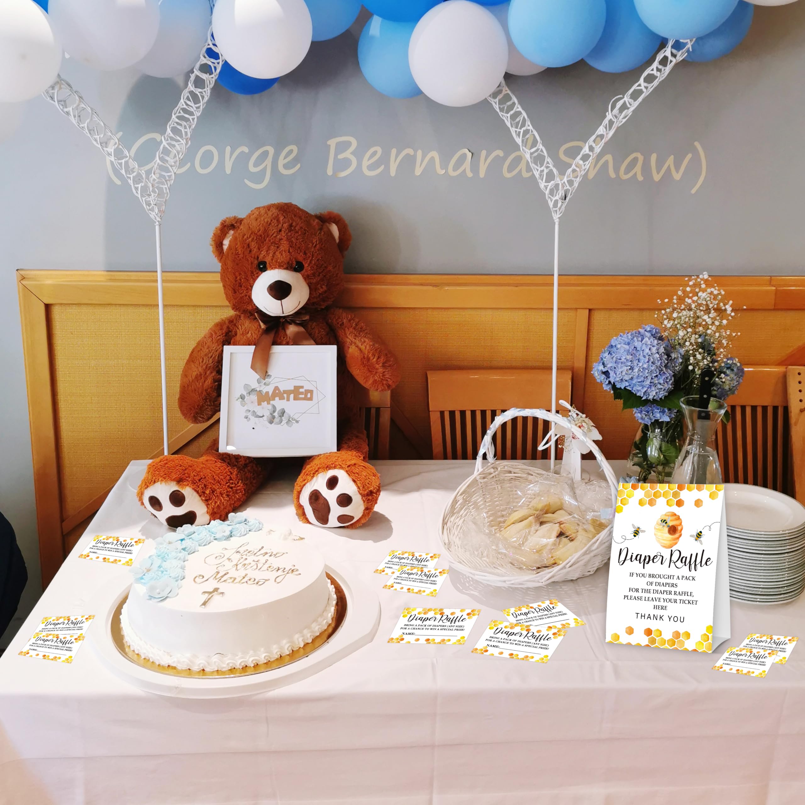 Bee Baby Shower Diaper Raffle Game – Standing Sign & 50 Cards, Gender Neutral Honeycomb Theme