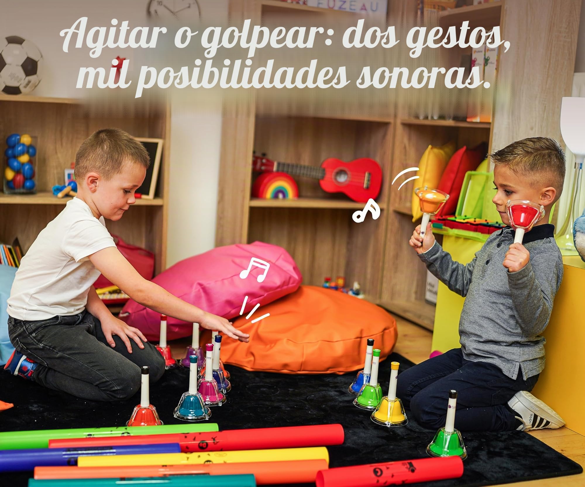 FUZEAU – Juego diatónico de 8 campanas afinadas – Campanas de metal con mangos de plástico – 1 campana = 1 nota – acordadas al más justo – Ideal para descubrir notas, a partir de 3 años