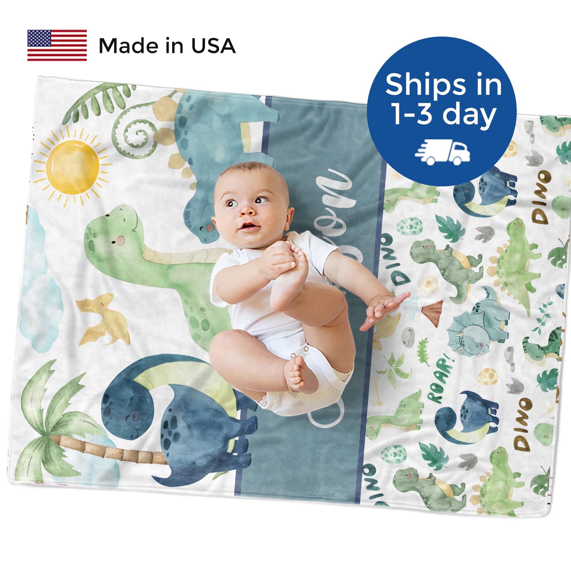 MDPrints Custom Baby Blankets for Boys, Customized Baby Boy Gifts with Name, Personalized Baby Blanket, Newborn Gift (Dinosaur 235c)
