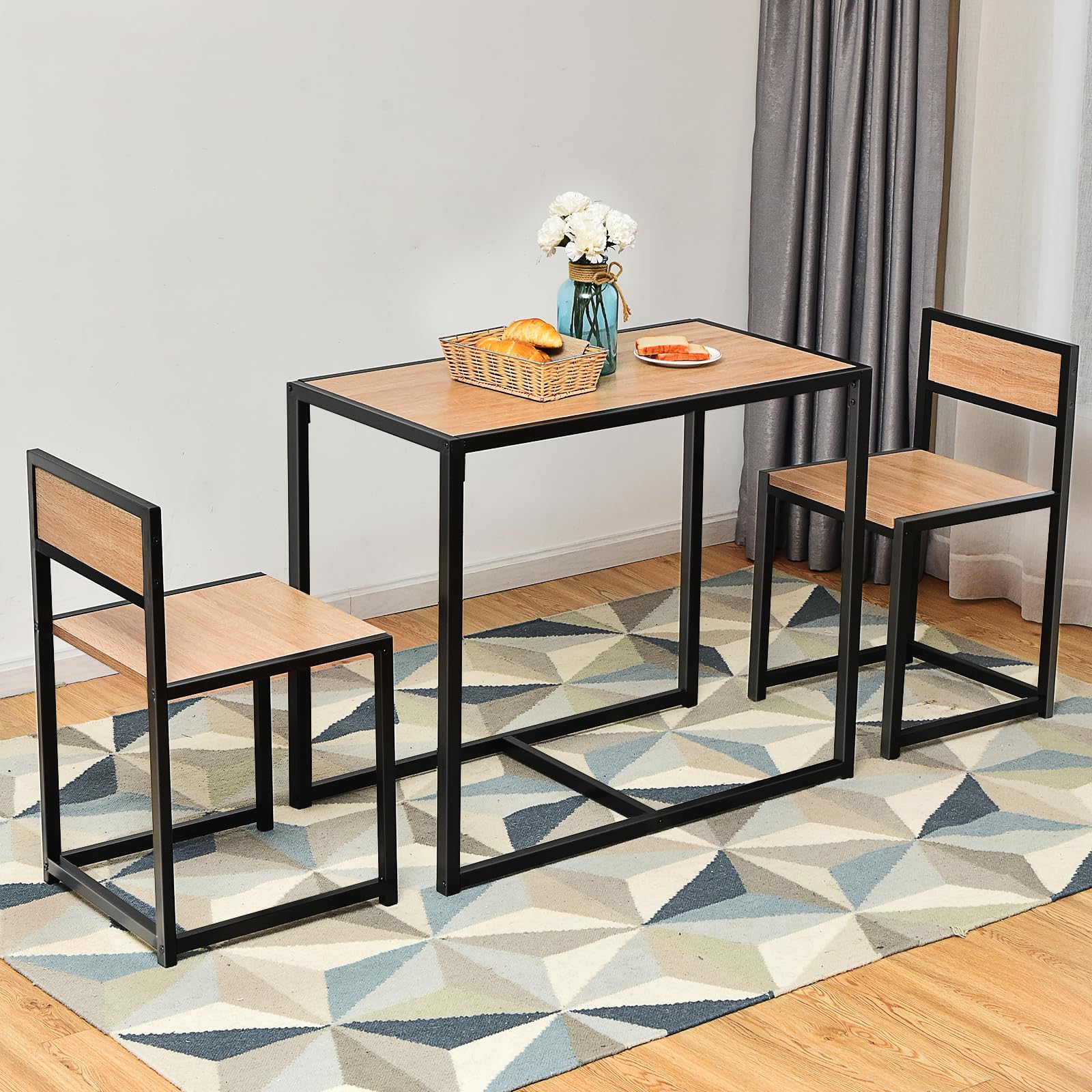 GIANTEX Bartisch Set 3-teilig, Essgruppe Esstisch mit 2 Stühlen, Esszimmergruppe Kleiner Küchentisch Set für 2 Personen, Esszimmer Tisch Bistrotisch Set Sitzgruppe, Küchenbar Sitzgruppe (Natur)