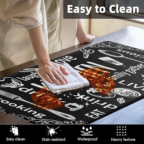 Miniatura 5 de Arttown Juego de 2 tapetes de cocina antifatiga negros con cuchillo y tenedor acolchados, tapete antideslizante impermeable y tapete ergonómico de
