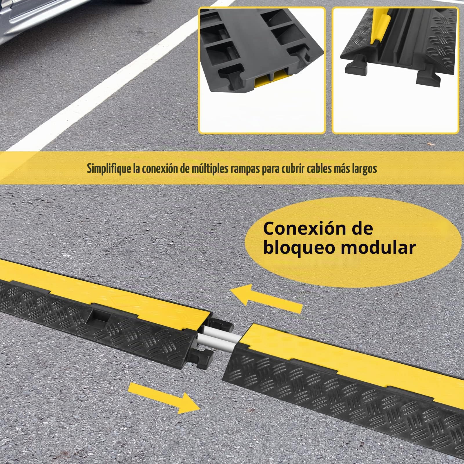 XMTECH 2 Pasacables Cubre Cables Protectores de Cable de Goma, 2 Canales, Protección contra Cruces – Puentes de Manguera de Goma de Estándar, Color Negro y Amarillo