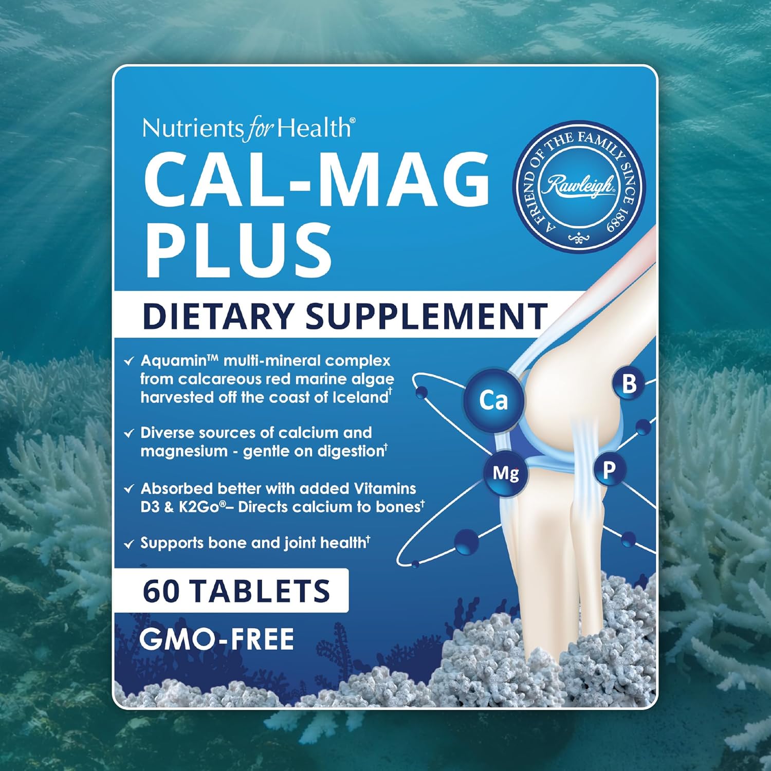 Rawleigh Cal-Mag Plus: 60 Tablets, 600mg Calcium, 250mg Magnesium, Aquamin, Vitamin D3 & K2, Boron, Phosphorus, 7 Forms of Calcium & 5 Forms of Magnesium, High Absorption Bone & Joint Support GMO Free