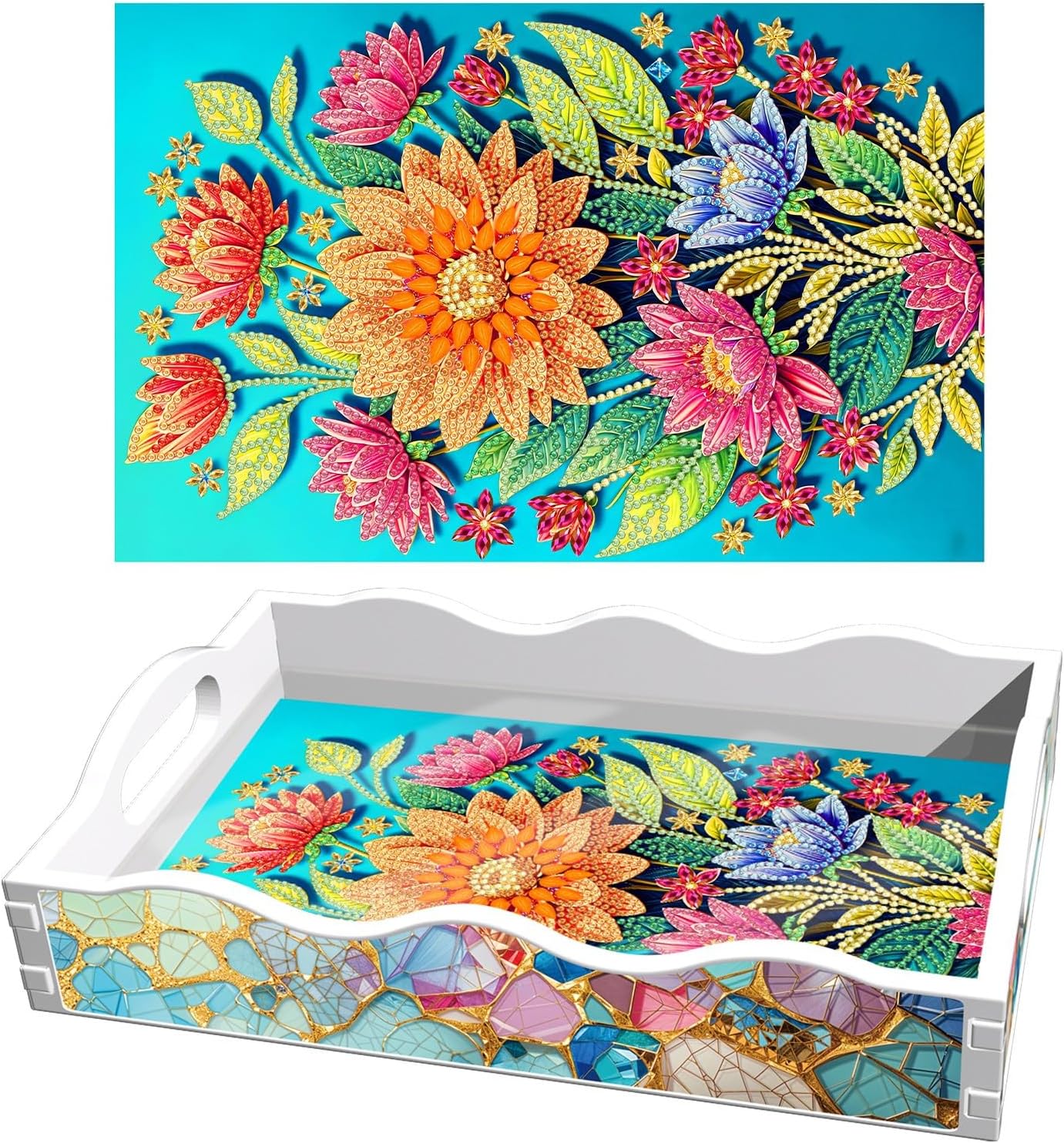 ARTopet DIY Diamond Serving Tray Diamond Art Painting Creative Design Handmade ABS Colored Glass Crack Tray Dinner Plate Breakfast Tray for Coffee Living Room Home Organizer-Flowers02