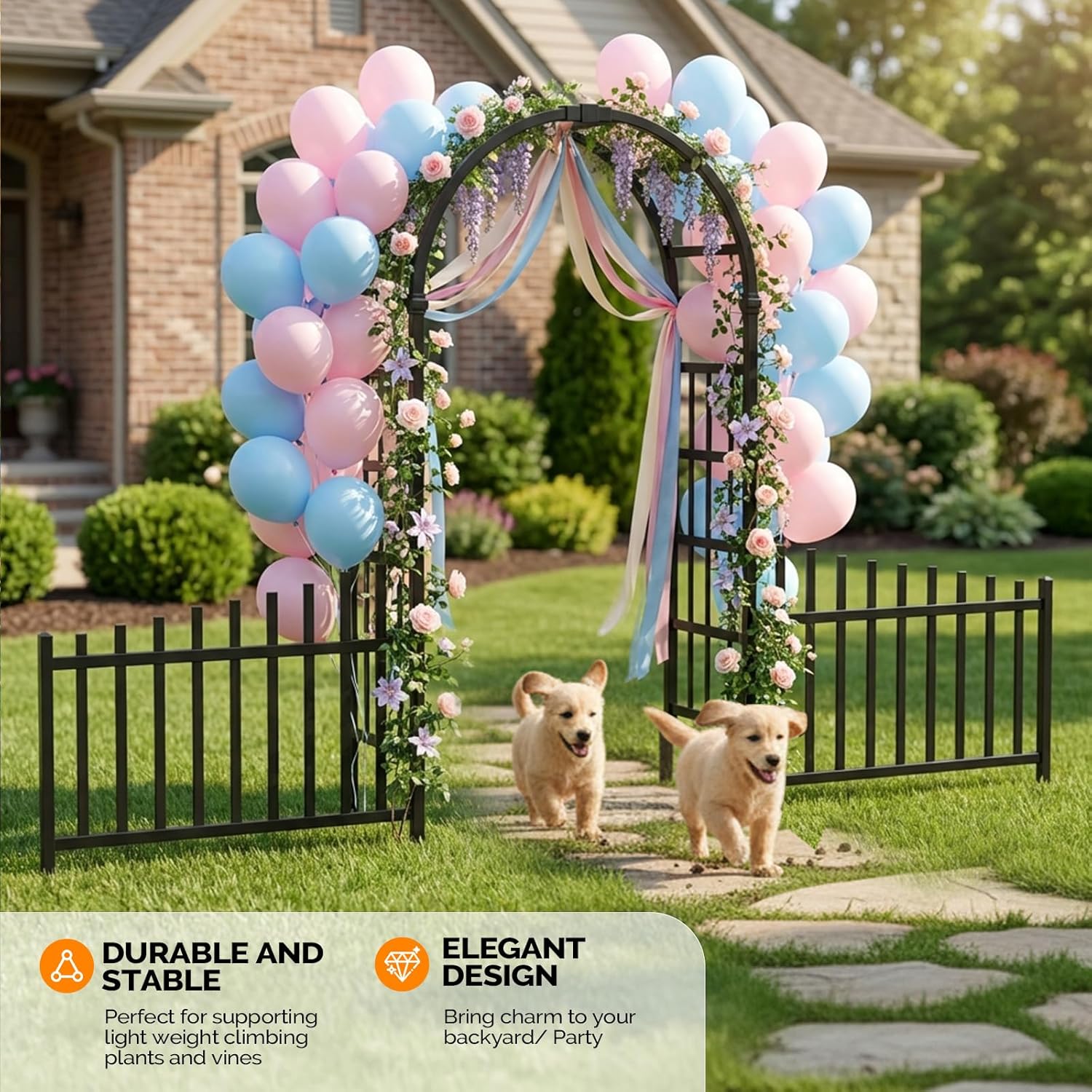 VINGLI Garden Arbor, PVC Garden Arch Trellis with Fence for Climbing Plants Outdoor, 91”x144.5” inch Garden Arch for Entryway Christmas Wedding Party Birthday (Black)