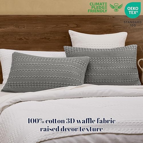 Miniatura 3 de PHF Juego de 2 fundas de almohada 100 % algodón con diseño de gofre, tamaño estándar, suaves, transpirables y agradables al tacto, fundas