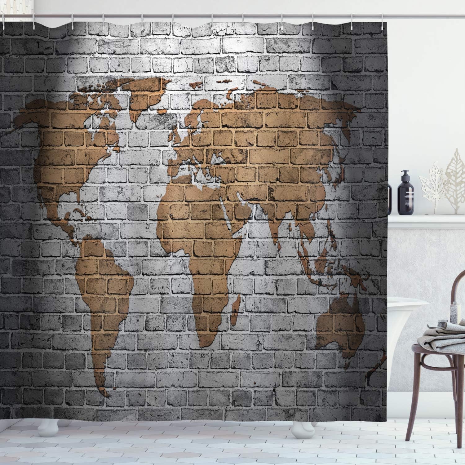 Ambesonne Vintage Shower Curtain, World Map on Old Brick Wall Countries Continents Aged Vintage Rough, Cloth Fabric Bathroom Decor Set with Hooks, 69" W x 70" L, Pale Brown and Pale Grey