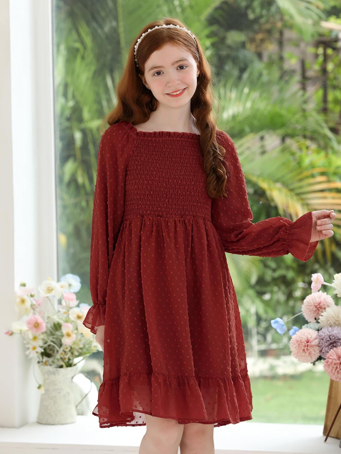 Cubear Girls Long Sleeve Dress Kids Ruffle Tiered Dress Swiss Dot A-Line Christmas Fall Winter Dress 6-15 Years - Image 5