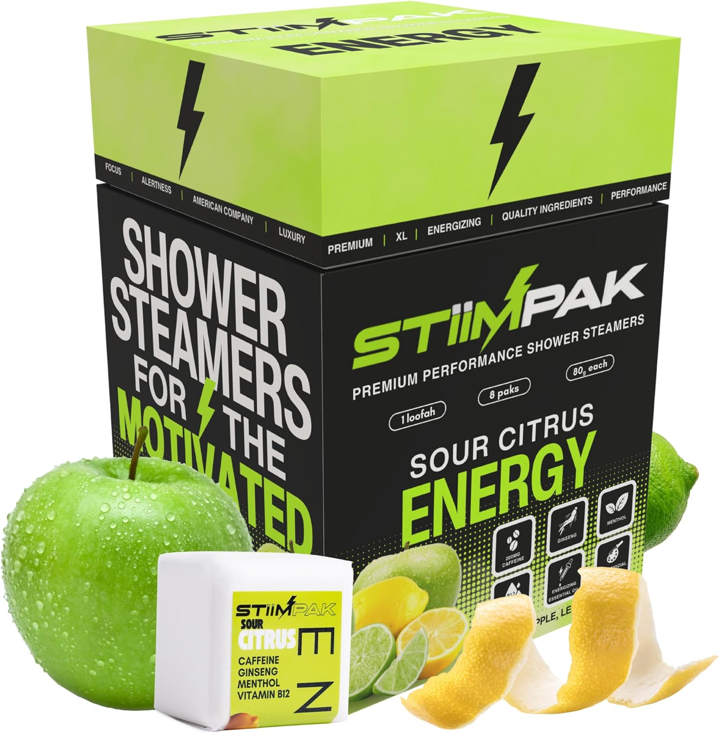 Sport Shower Steamers for Men | Energy | XXL 80g Long Lasting | Core Ingredients, B12, Ginseng, & Menthol | Extra Strength Aromatherapy for Focus & Productivity | Sour Citrus | STiiMPAK (8 Pack)