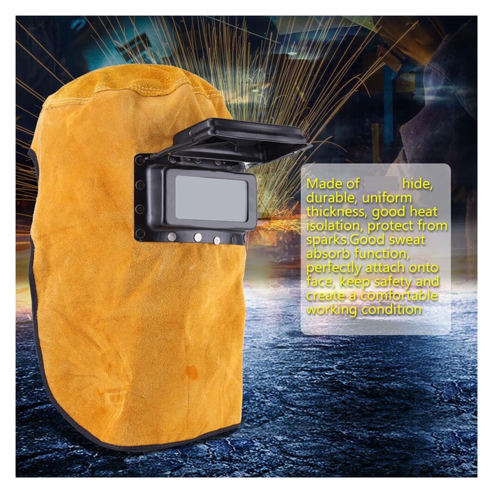casco de soldadura,máscara de soldadura, Delantal de soldadura de cuero Máscara de soldador -15°-65° Capucha de cuero Conveniente casco de soldadura Proteger el arco de molienda amarillo A prueba de c