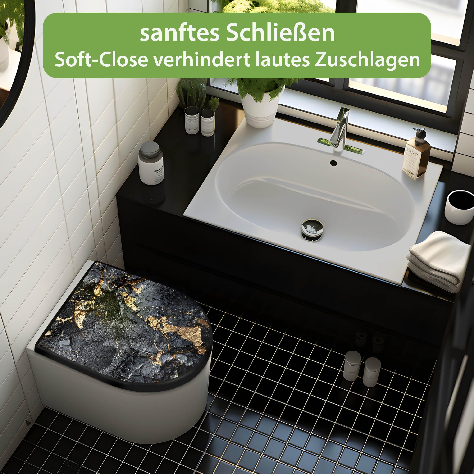 banjado WC Sitz mit Absenkautomatik D Form - Toilettendeckel mit Absenkautomatik D Form - Klodeckel Softclose - stabile Klobrille - Toilettensitz Schwarz - Motiv Schwarzer Marmor mit Gold 1