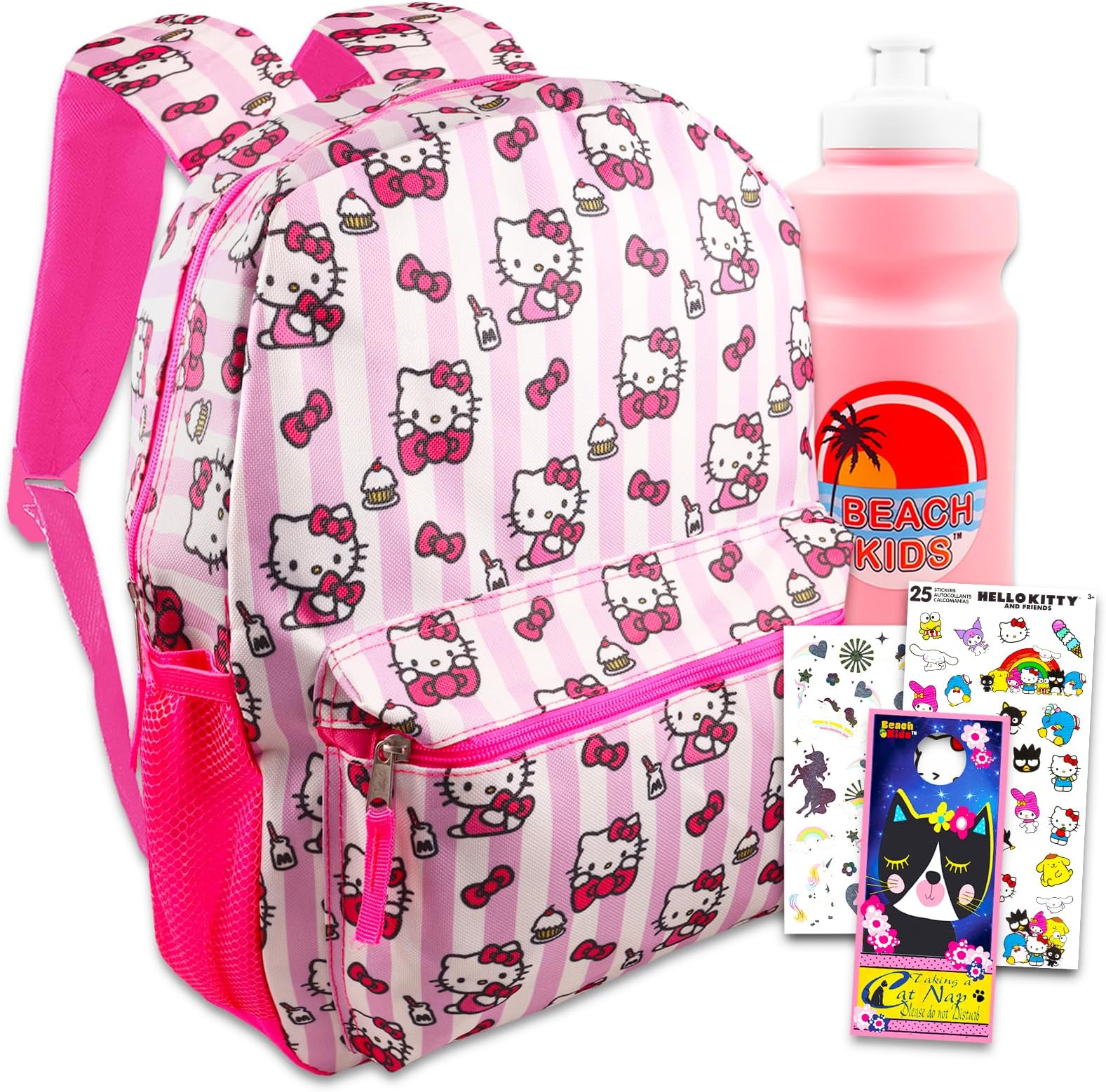 ハローサンリオ ハローキティ バックパック 男の子 女の子 キッズ - 6個セット ハローキティ スクールバックパックバッグ ウォーターボトル、ステッカー、ハローキティトラベルバッグ16個付き, マルチカラー, カスタム。