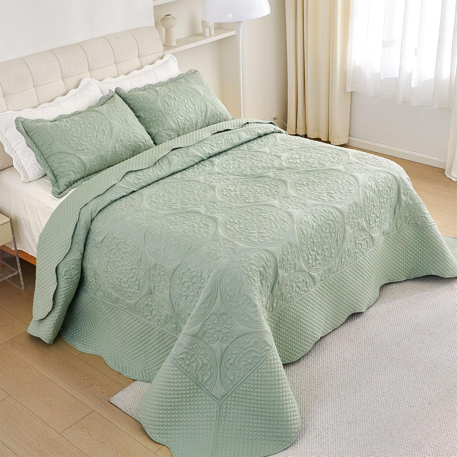 Cmfshape Oversized King Quilt Set Bedspread 120x120-Sage Green California King Quilts 3 PCS-Lightweight Quilted Bedding Extra Large-Bohemian Coverlet for All Season - Image 3