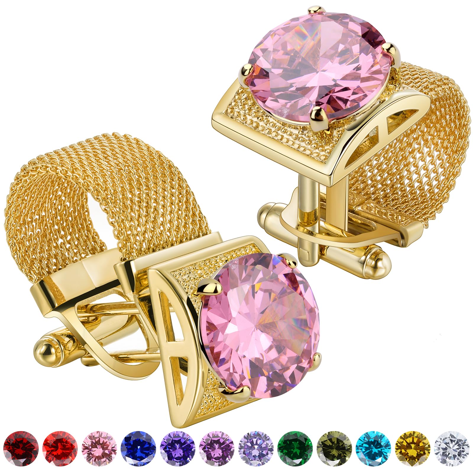 Birthstone Gold Tone Cufflinks for Men with Chain Shirt cuff links Wedding Business Birthday Christmas Gifts for Men