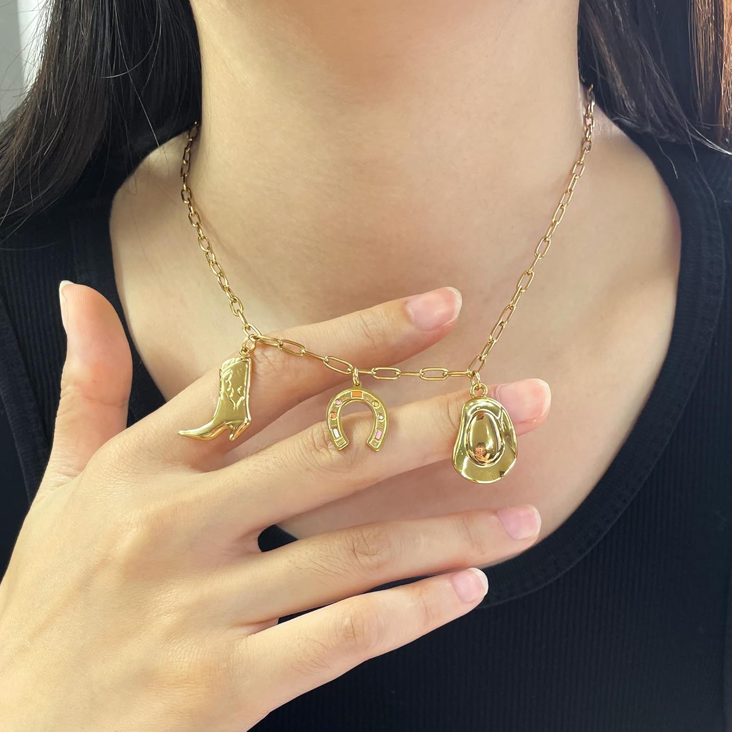 Western Cowboy Pendant Necklace, Gold Chain, Boot Horseshoe and Hat Charms, Adjustable Country Rodeo Jewelry for Women - Image 5