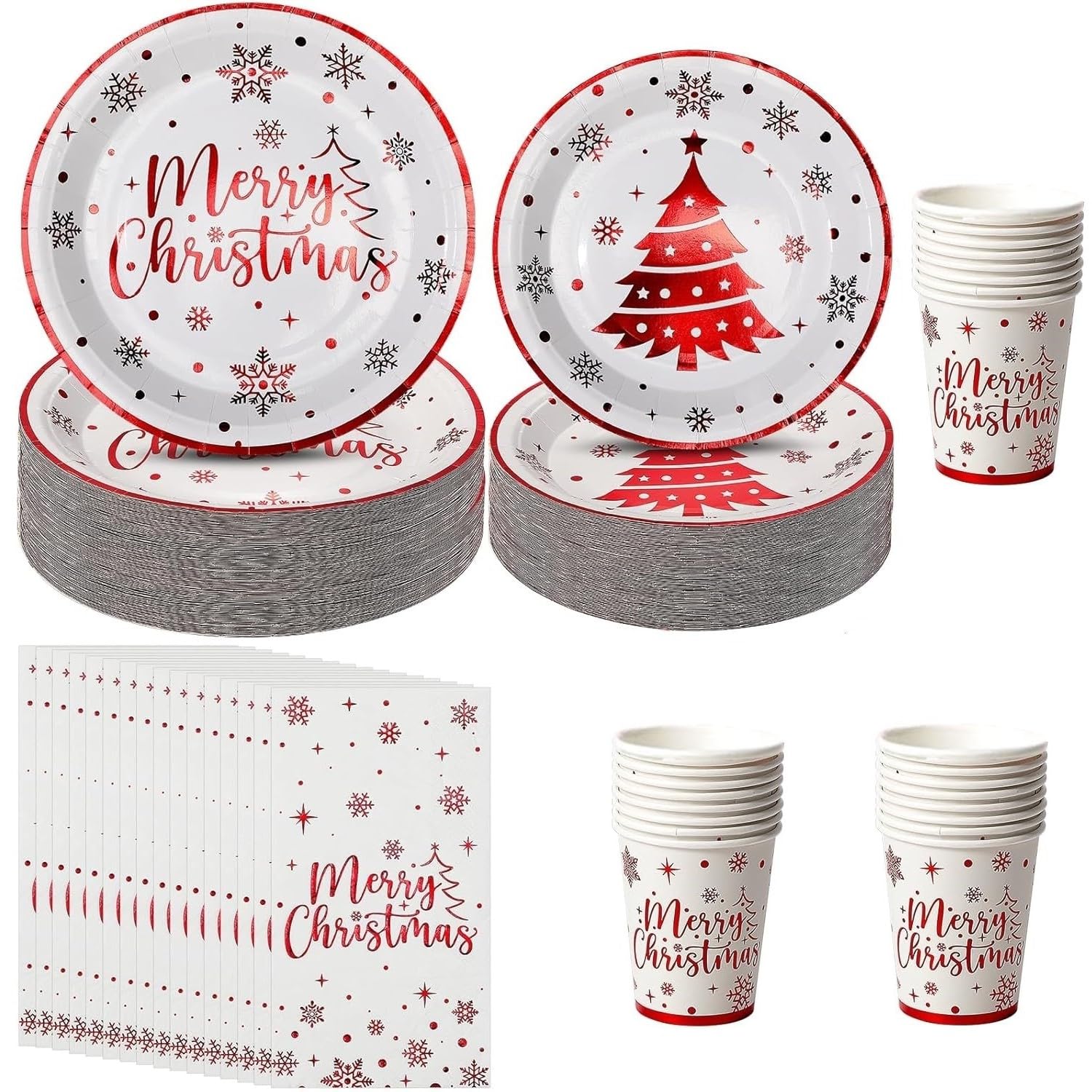 KAHEIGN 175Pcs Weihnachten Geschirr Set für 25 Personen, Papier Weihnachts Geschirrset mit 25Sets Speiseteller Salatteller Becher Servietten und wiederverwendbare Messer&Gabel&Löffel