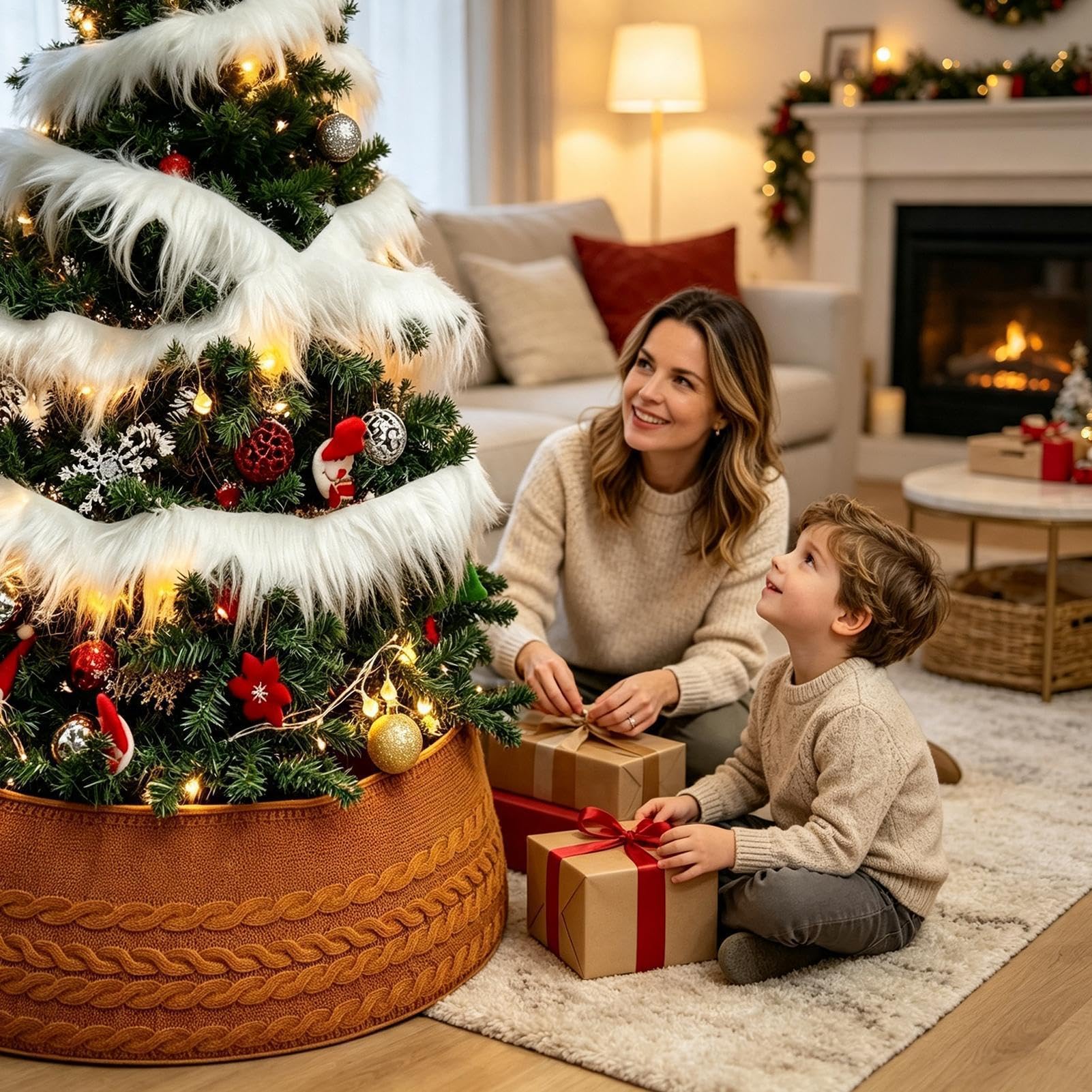 Colletto per albero di Natale, rotondo, lavorato a maglia, decorazione per