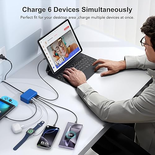 Miniatura 52 de Cargador rápido USB C, 150 W, 6 puertos de escritorio, PD GaN, cargador rápido, estación de carga, bloque de 65 W, adaptador de corriente USB C