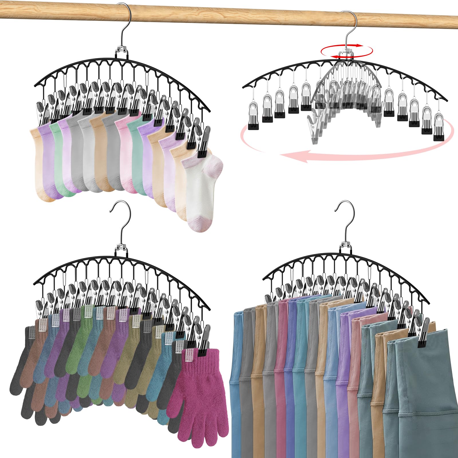 4 Pack Legging Organizer for Closet, Metal Yoga Pants Hangers with 15 Clips Holds 60 Leggings/Skirts/Hats/Bra/Pants Space Saving Hanging Closet Organizers and Storage (Black)