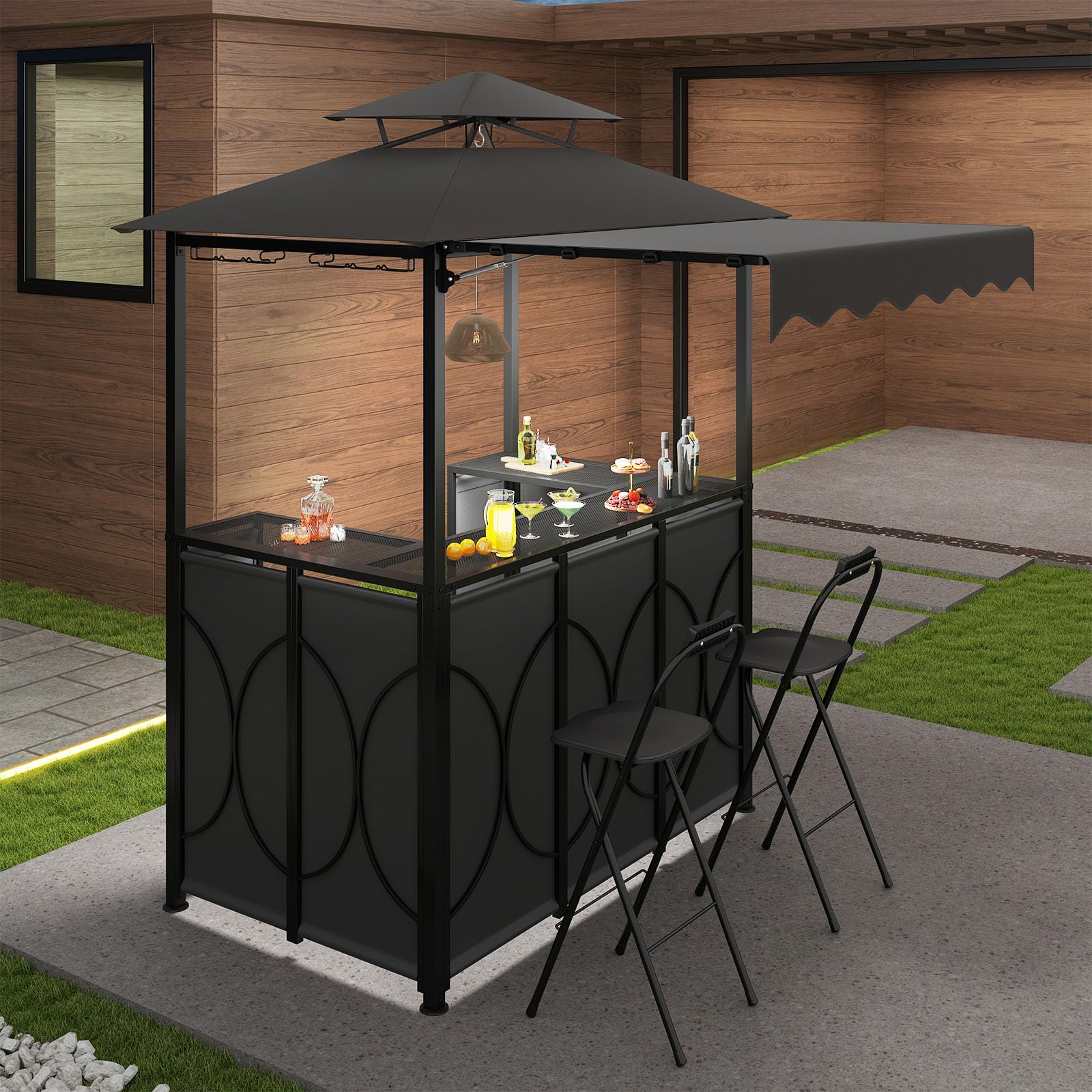 HOMASIS Grillpavillon mit Bartisch und 2 Hockern, strapazierfähiger Outdoor-Pavillon mit Doppeldach, regen- und feuerfeste Pergola (Grau, mit Seitenzelt, 193 x 117 x 240 cm)