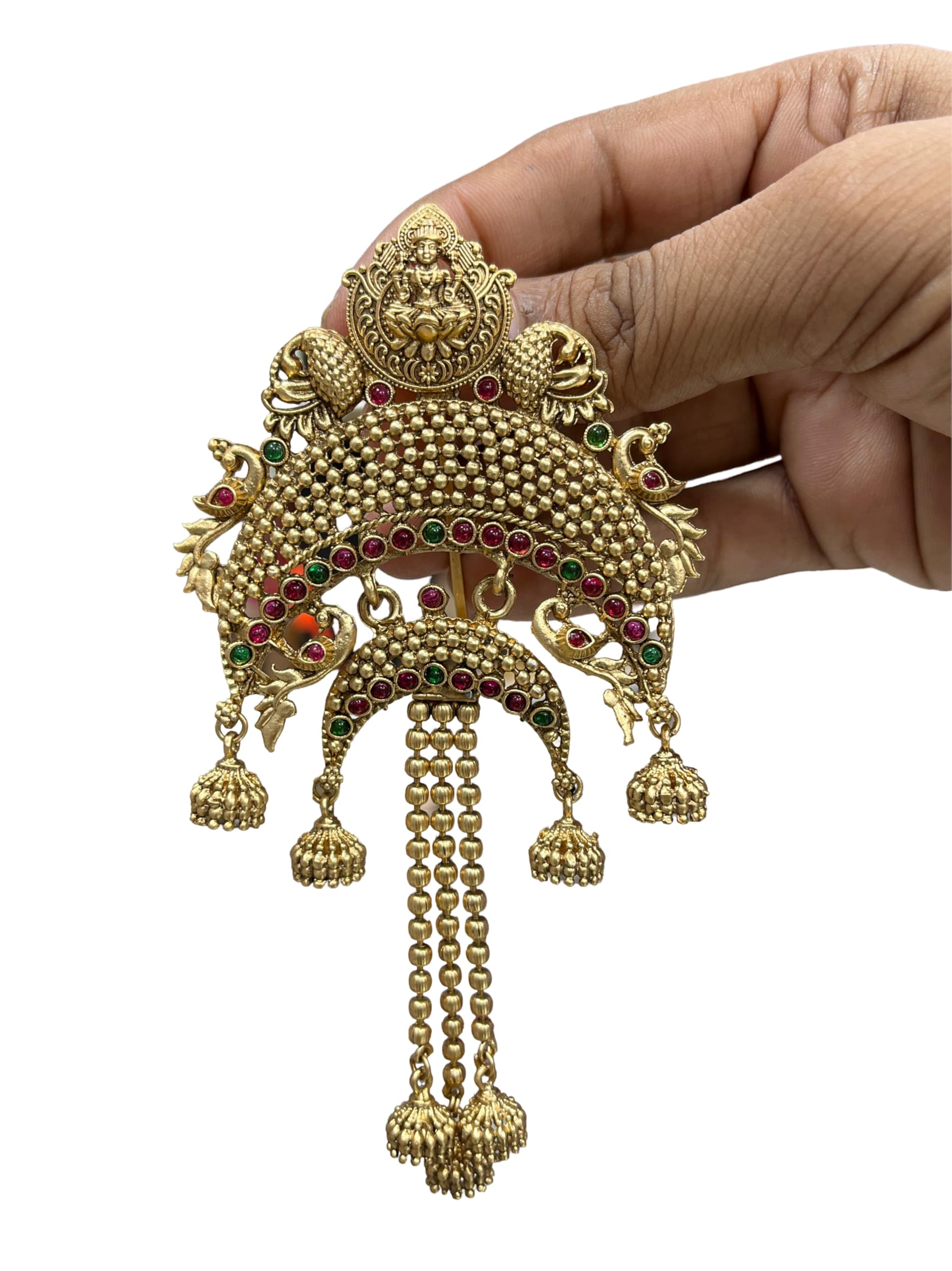 KGR Splash Madam Design 2-Layer Hanging Jhumkis With Peacock & Lakshmi Design Short Jada Billa Hairband-image-23