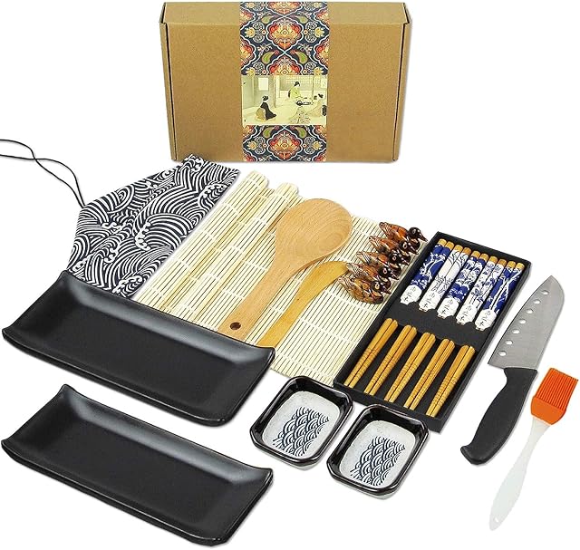 Artcome 22 Pcs Sushi Making Kit with Bamboo Sushi Mats, Sushi Knife, Sushi Plates, Sauce Dishes, Paddle, Spreader, Chopsticks, Chopsticks Holders, Tableware Bag, Silicone Brush