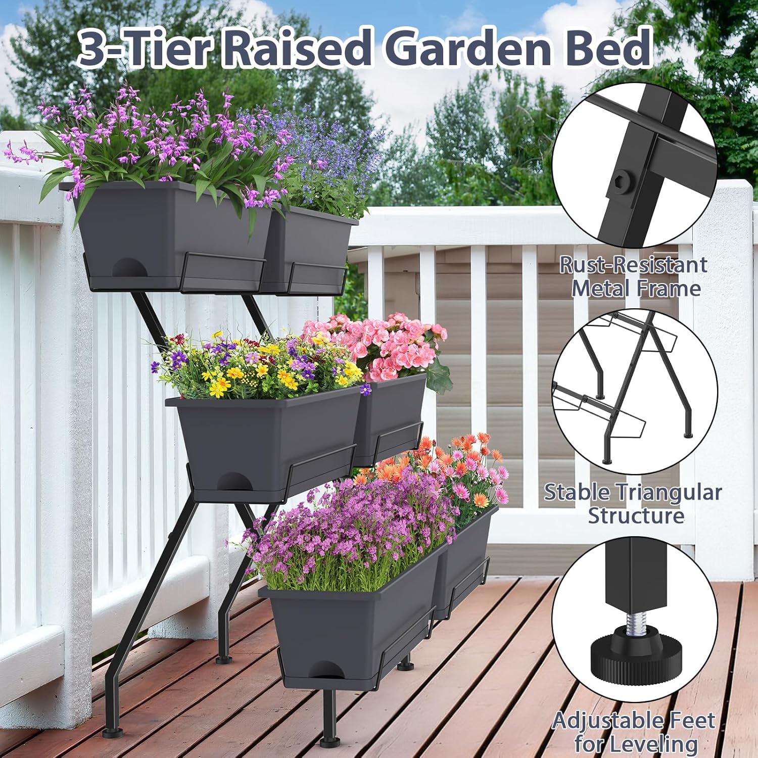 Sunexinlo 3-Tier Vertical Garden Planter with 6 Boxes, 31" Tall Raised Garden Bed with Adjustable Feet for Herbs, Flowers, Vegetables, Ideal for Indoor, Outdoor, Patio, Balcony, Deck Use, Gray