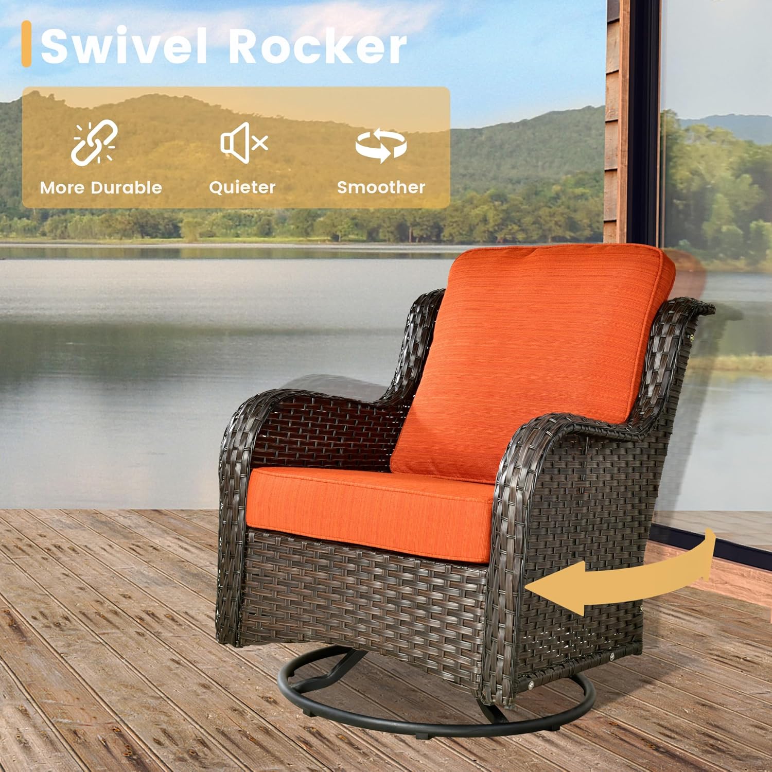 HOOOWOOO Patio Furniture Set,7 Piece Outdoor Furniture Set with Fire Pit Table,Wicker Patio Conversation Couch Swivel Chairs Ottoman Set,Orange Red