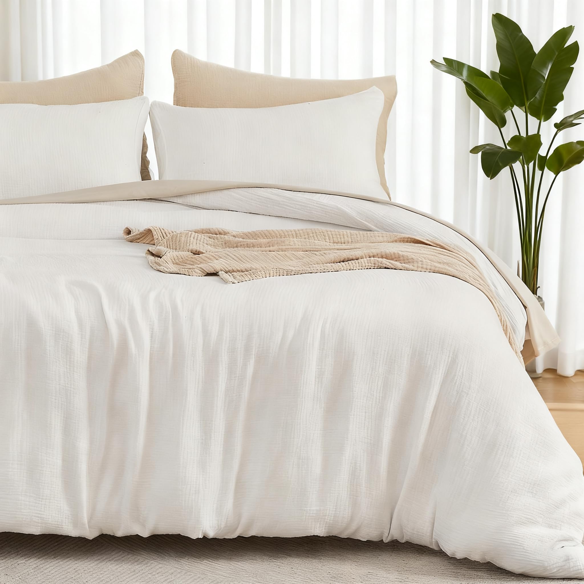 Photo 1 of EMME Muslin Duvet Cover Queen Size Cream White, 100% Cotton Linen Like Comforter Cover Soft Breathable Lightweight Gauze Duvet Cover with 2 Pillowcases, 90"x90"