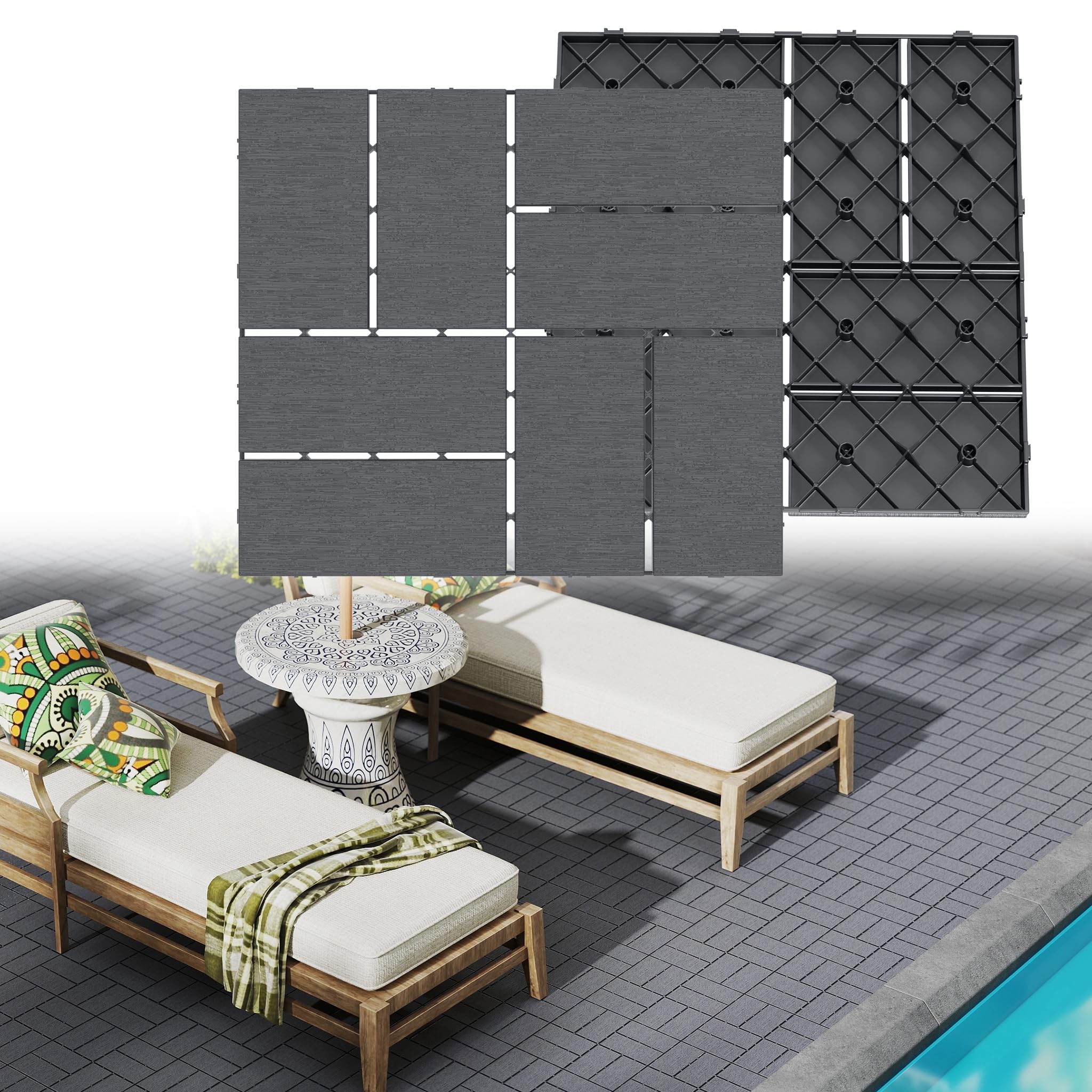 Yunvin Garden Decking Tiles, 30 x 30cm Plastic Composite Interlocking Flooring, Weatherproof Outdoor Drainage Floor Coverings for Patio, Balcony, Pack of 44, Model A