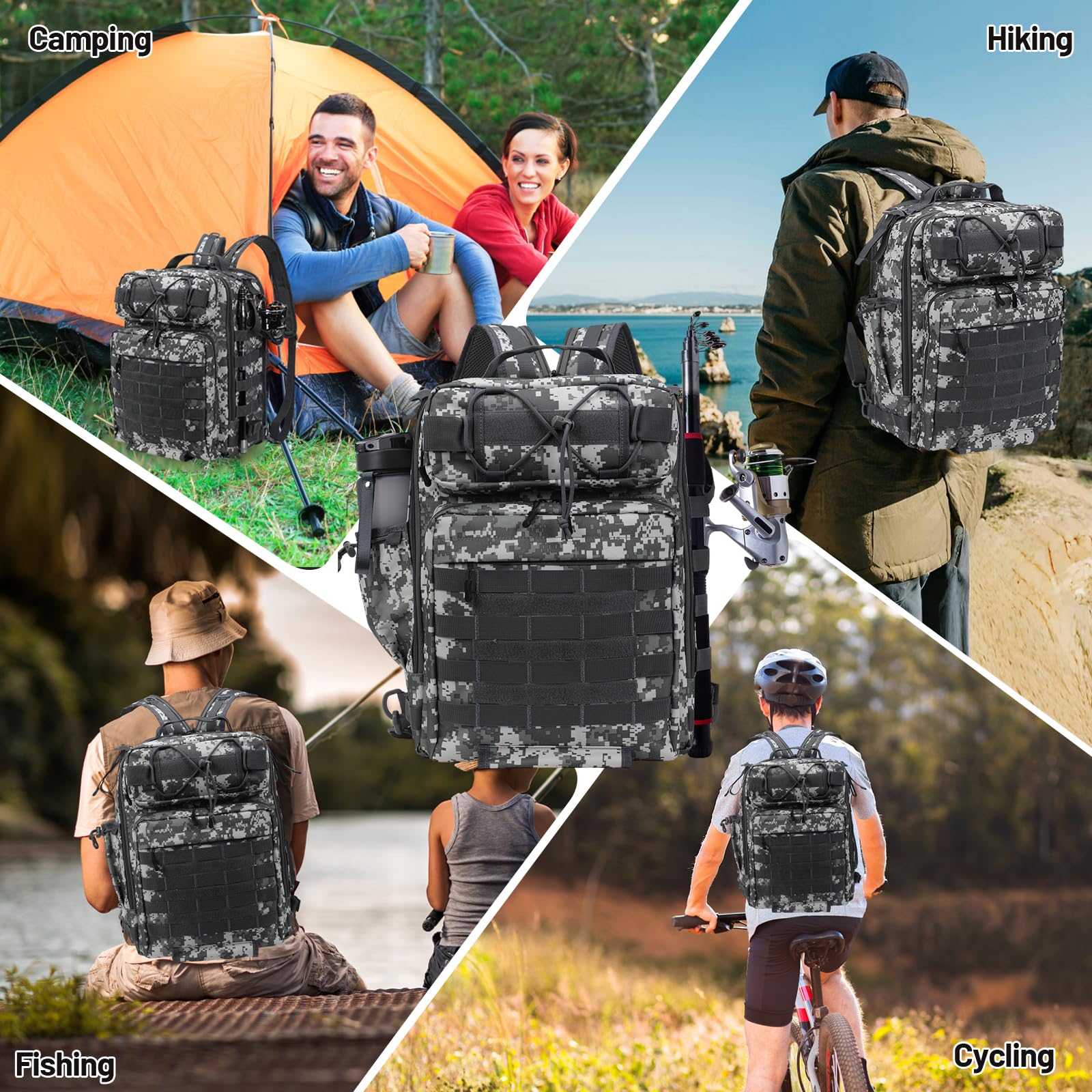 Mochila de Pesca 37L Bolsa de Pesca Mochila para Aparejos de Pesca con Soporte para caña Bolsas Almacenamiento Aparejos Impermeables Bolsa para Pesca Senderismo Caza Camping Deporte al Aire libr