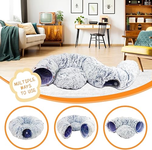 Miniatura 7 de Cama túnel para gatos, túnel desplegable para gatos con alfombrilla central, túneles de felpa para gatos de interior con bola esponjosa, juguetes
