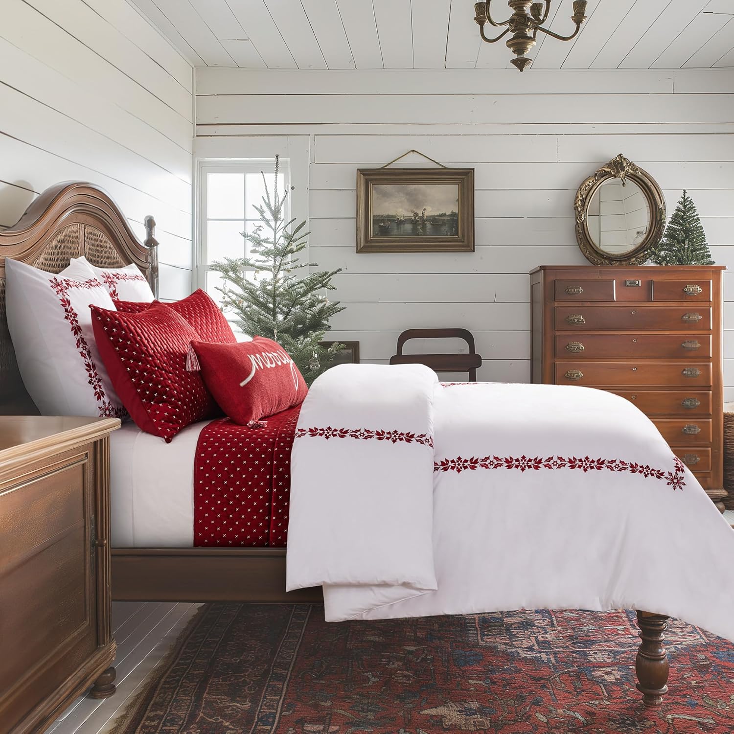Levtex Home - Holly & Thistle Duvet Cover Set - Twin Duvet Cover (68 x 88in.) + One Standard Pillow Sham (26 x 20in.) - Embroidered Border Christmas - Red and White - Cotton