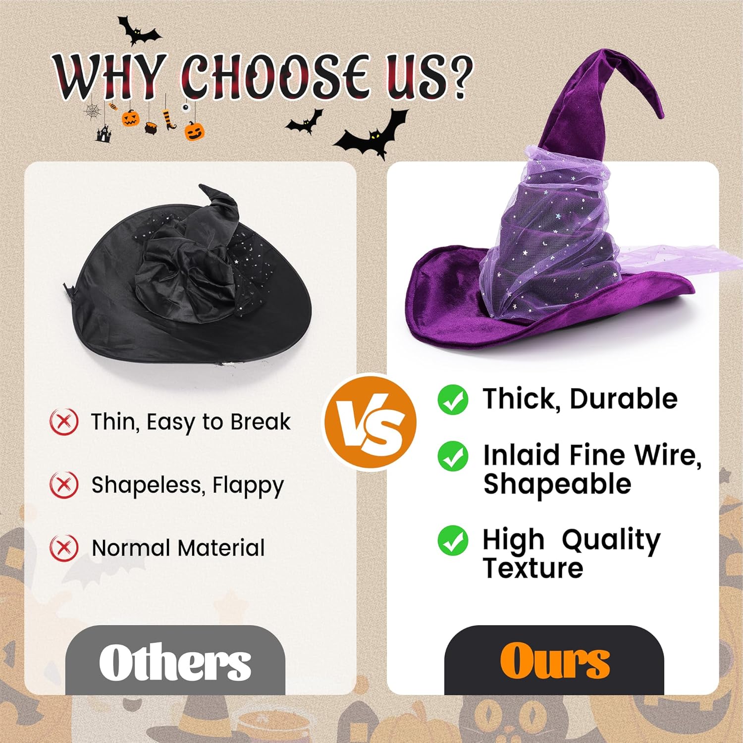 Ibeauti Witch Hat Women Large Ruched Halloween Witch Hat Costume Accessory for Party