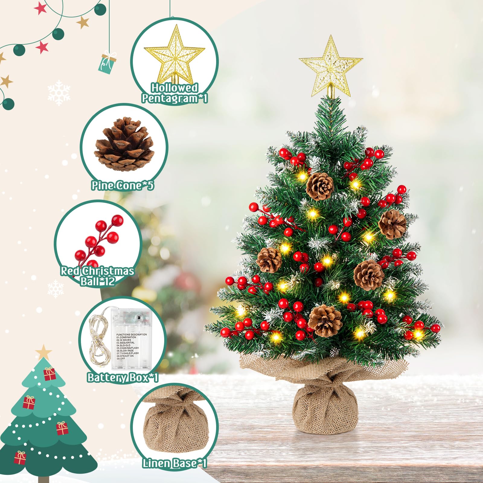 N&T NIETING Mini Christmas Tree with Lights, 61CM Table Top Tree with Star Tree Topper - Image 3