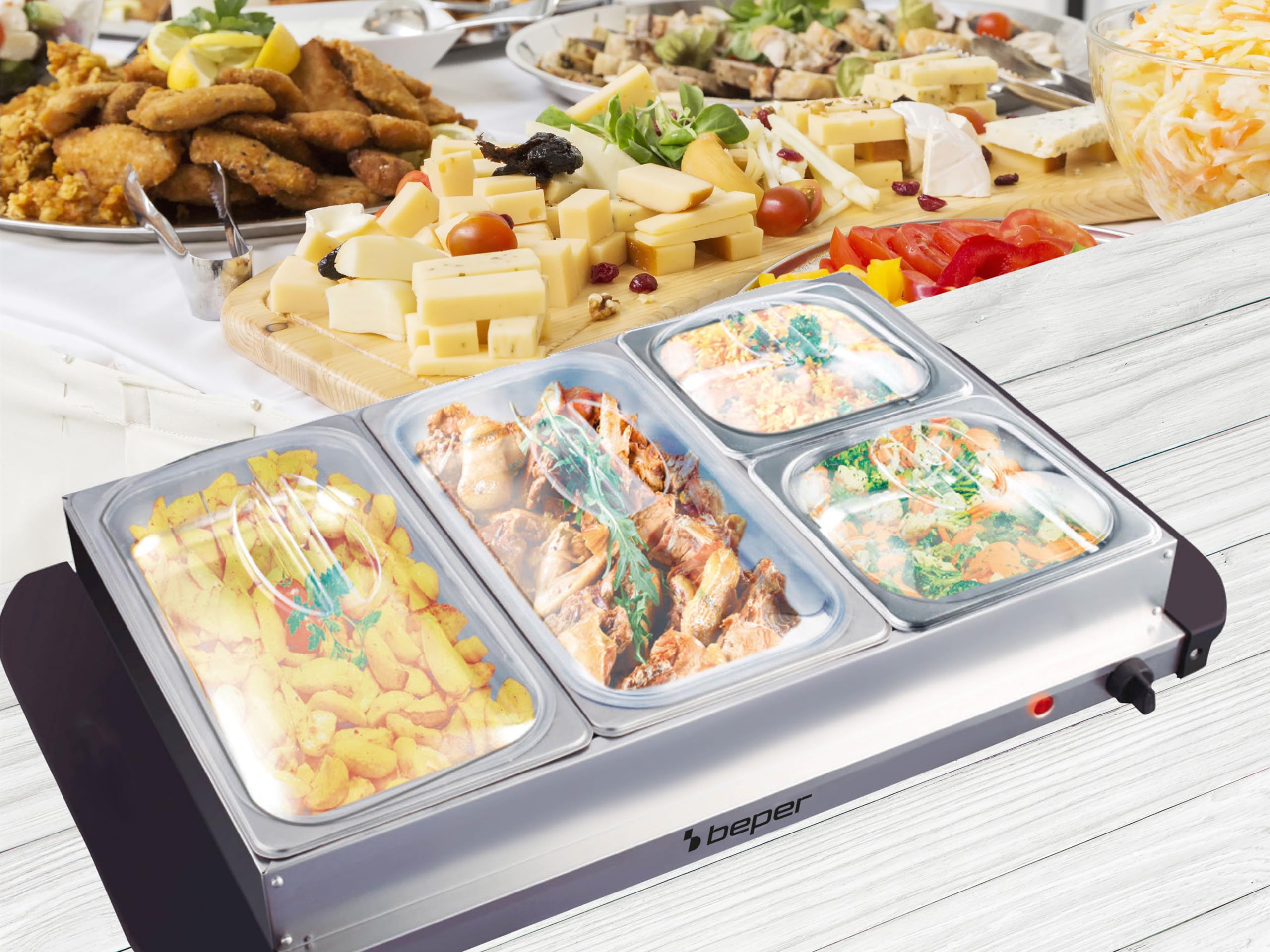 BEPER P101TEM002 Calentador de Buffet, Calentador de Comida, 4 Bandejas Extraíbles + Base de Placa Caliente, Termostato Ajustable y Asas Aislantes del Calor, Apto para Lavavajillas, Ideal para Fiestas