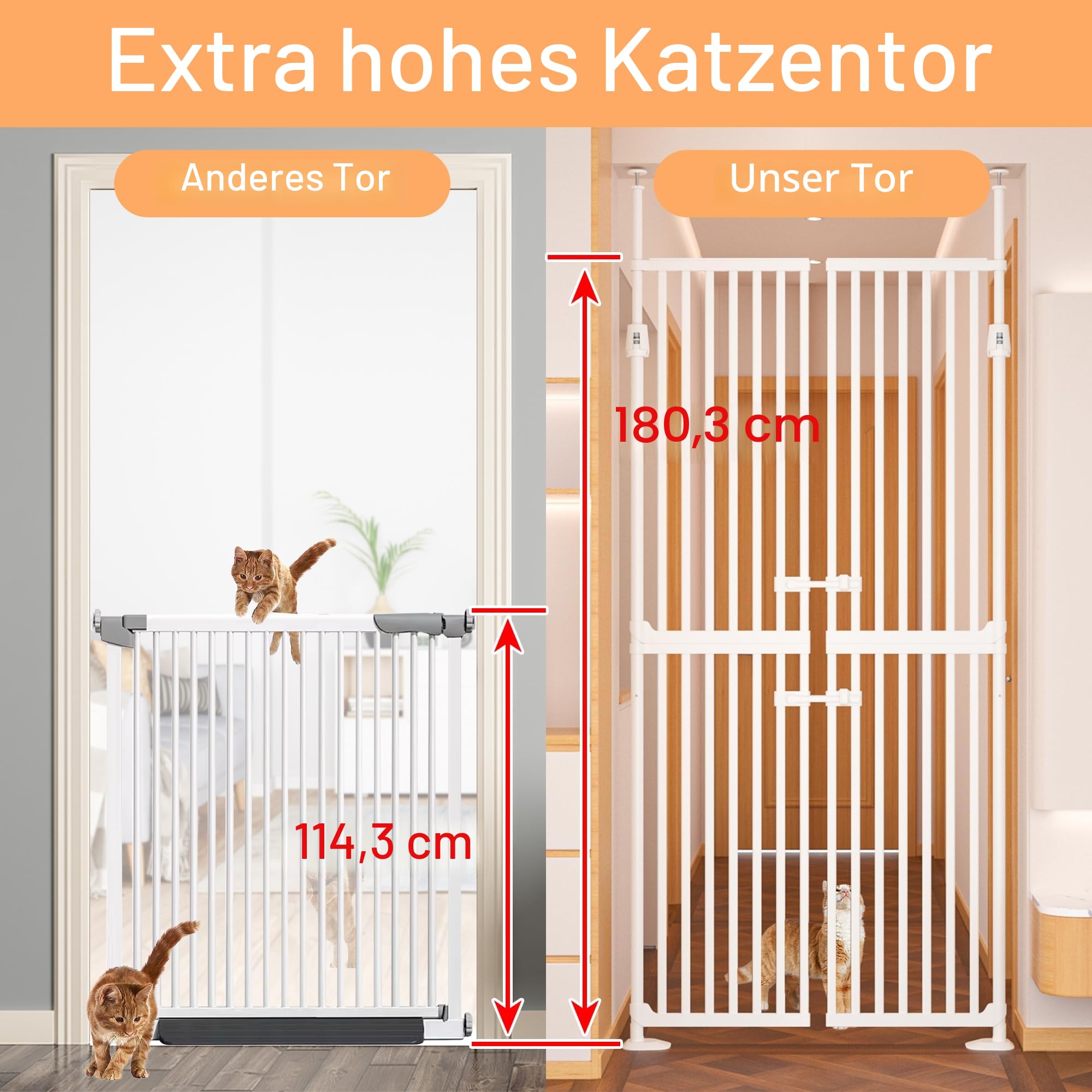 180,3 cm Extra Hohes Katzengitter Tür, 86-90 cm Breites Katzenschutzgitter, 3,4 cm Extra Schmaler Spalt, Automatisches Schließen, Kein Bohren, Doppelte Haustiertür für Türen, Küche