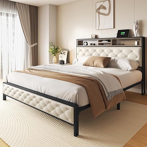 YITAHOME Base de cama de plataforma tamaño Queen con cabecera de 45.2 pulgadas de alto, cabecera de almacenamiento tapizada con estación de carga,