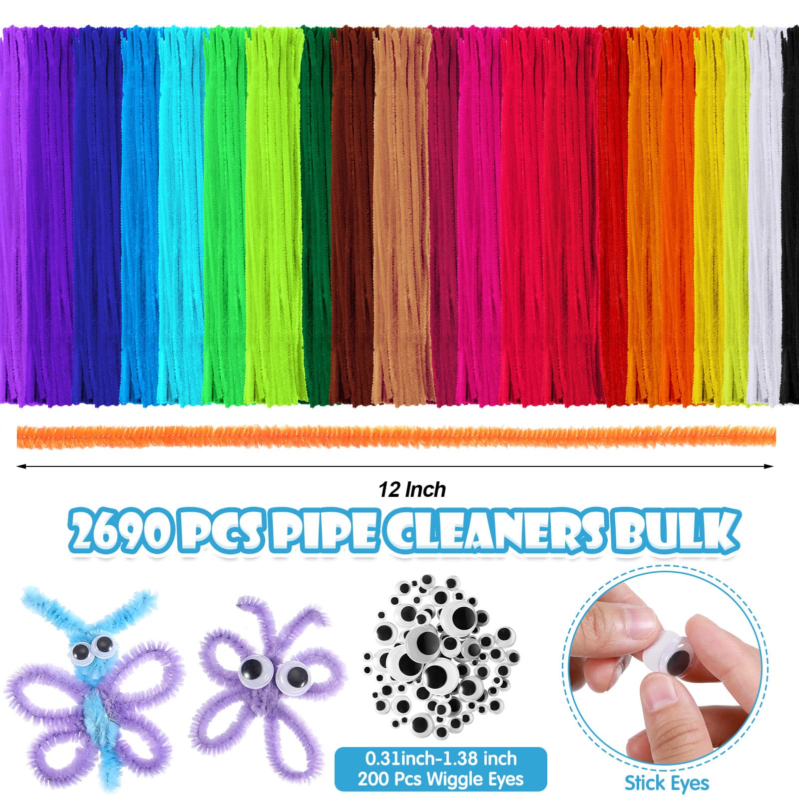 Leyndo 2500 Pcs Pipe Cleaners Bulk About 200 Pcs Wiggle Eyes Kit Colorful Chenille Stems DIY Chenille Craft Pipe Cleaners Pipe Making Supplies for Christmas Classroom Crafting Project Decoration