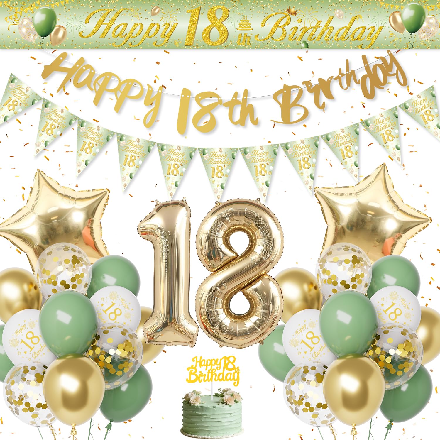 18th Birthday Decorations for Boys Girls, Green Gold 18th Birthday Balloons with Banners, 18th Party Decorations, Birthday Sash Number 18 Balloons Cake Topper Party Supplies Decor