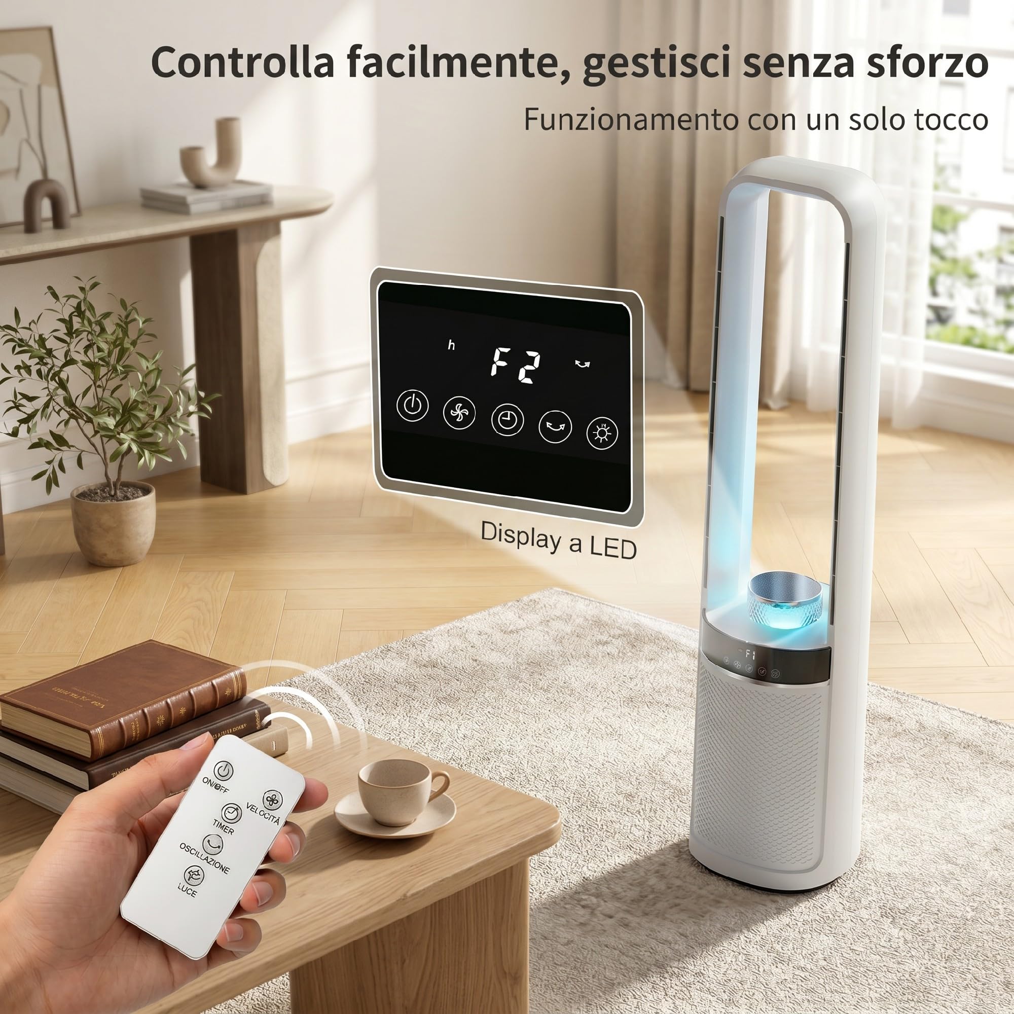 HOMCOM Ventilatore a Torre Senza Pale per Camera da Letto, 3 Velocità, Silenzioso 36dB, con Oscillazione a 45°, Luci LED, Timer 12H, Telecomando, 94 cm, Bianco