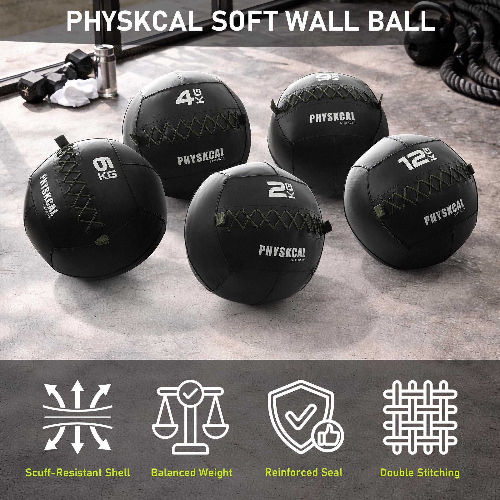 PhysKcal Medicine Wall Ball, pelotas de piel suave con peso para ejercicios dinámicos de cuerpo completo, entrenamientos HIIT, fortalecimiento de fuerza y resistencia, agarre cómodo con textura
