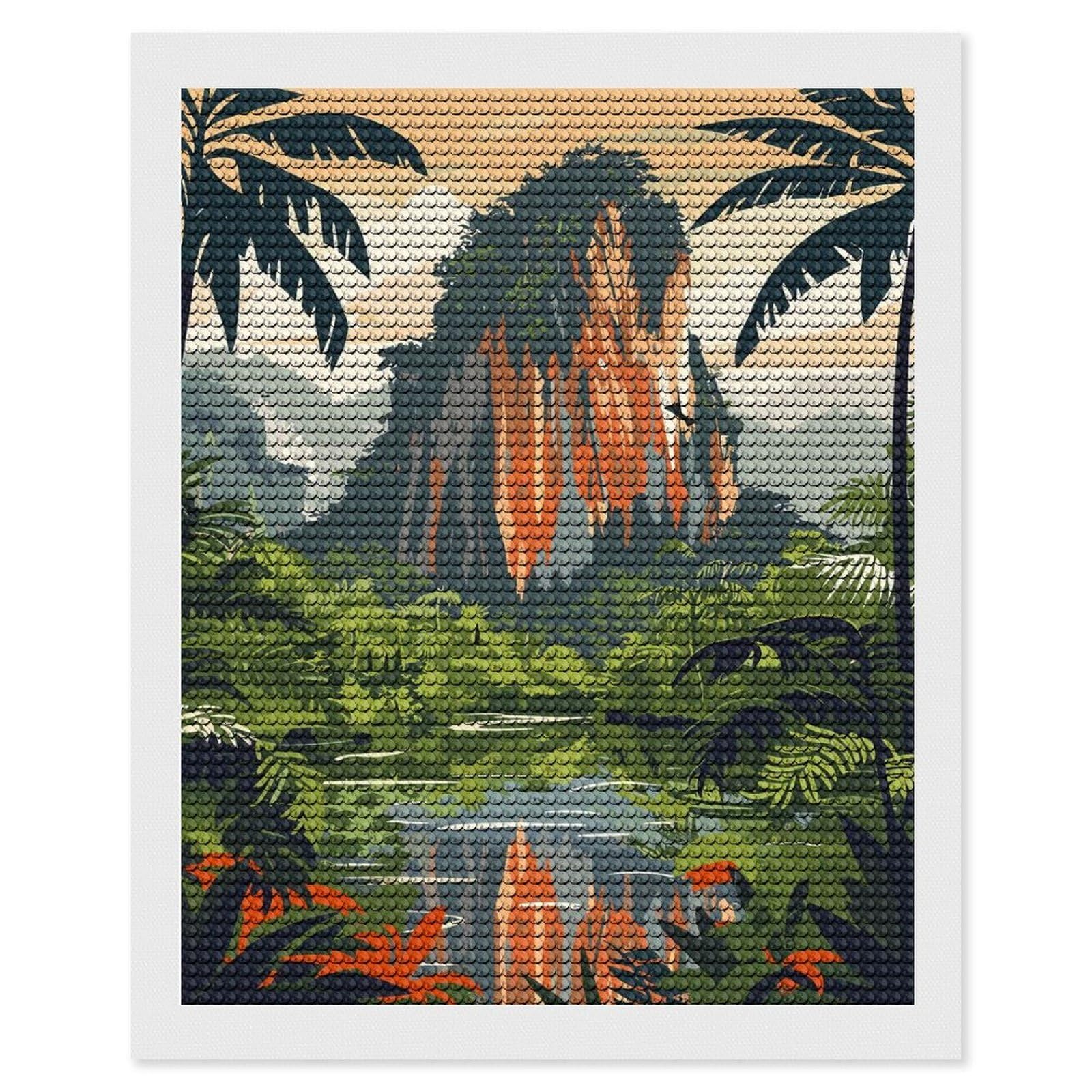 Junmoney Tropical Jungle Landscape with Mountain DIY Diamond Art Canvas Kit 16"x20", for Teens, Finish and Display, Holiday Gift Idea, Vintage Style Decor